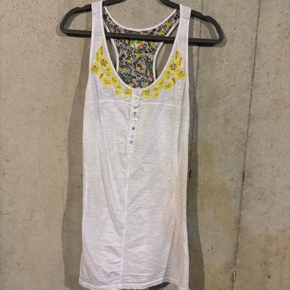 Free People 100% Cotton White Racerback Tank with Yellow Floral Appliqué